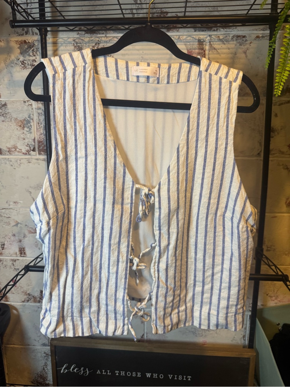LC Lauren Conrad White and Blue Striped Tie-Front Crop Vest